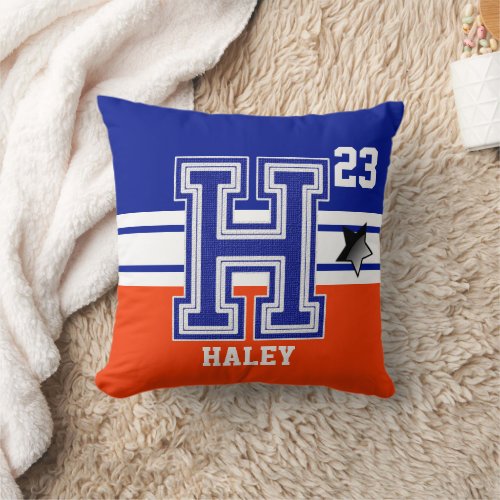 Dark Blue  Orange All Varsity Sport Letters _ H Throw Pillow