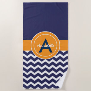 Dark Blue Orange Chevron Beach Towel