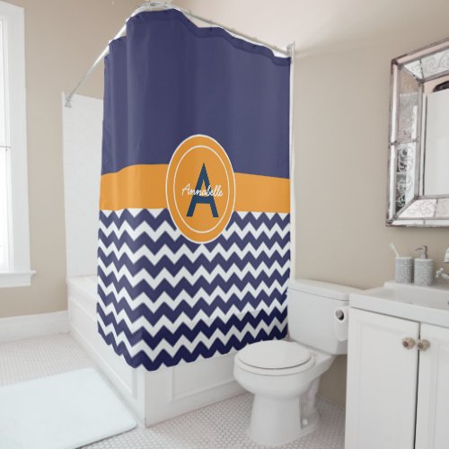 Dark Blue Orange Chevron Shower Curtain