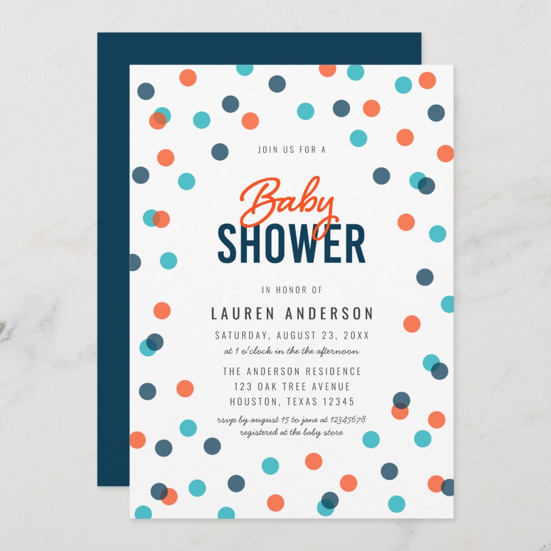 Dark Blue Orange Confetti Baby Shower Invitation | Zazzle