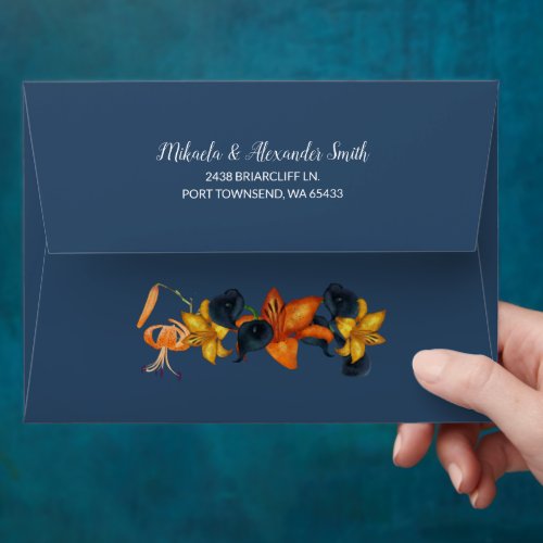 Dark Blue Orange Fall Flowers Wedding Envelope