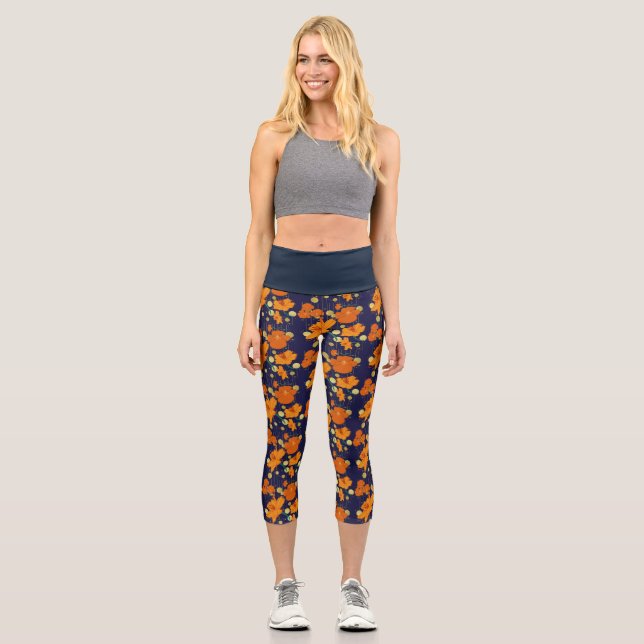 dark blue orange flowers pattern capri leggings (Front)