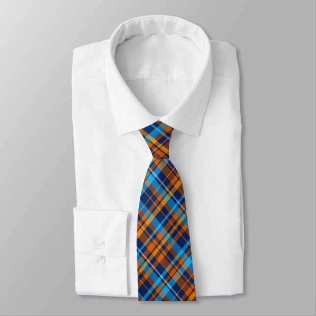 Dark Blue, Orange & Sky Blue Plaid Neck Tie (Tied)