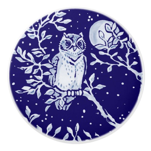 Dark Blue Owl Moon Woodland Animal Floral Cobalt Ceramic Knob