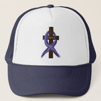 Dark Blue Painted Colon Cancer Ribbon on Cross Trucker Hat