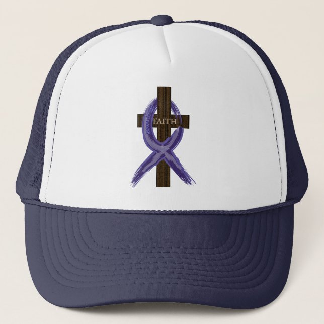 Dark Blue Painted Colon Cancer Ribbon on Cross Trucker Hat (Front)