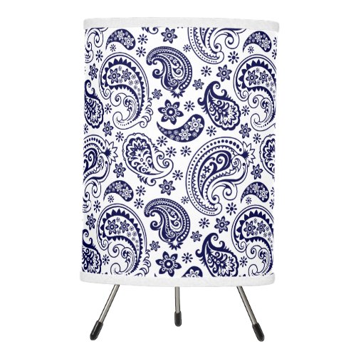 Dark-blue paisley pattern on white tripod lamp