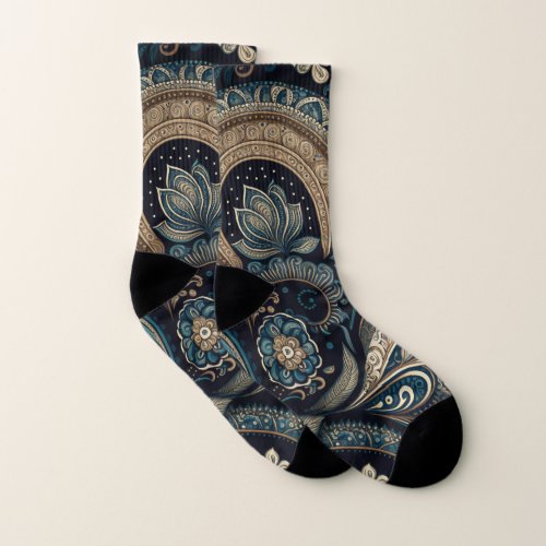 Dark Blue Paisley Pattern Retro Chic Boho Socks