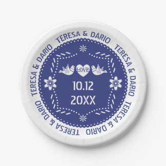 Dark blue papel picado love birds Mexican wedding Paper Plates
