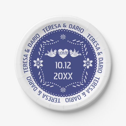 Dark blue papel picado love birds Mexican wedding Paper Plates