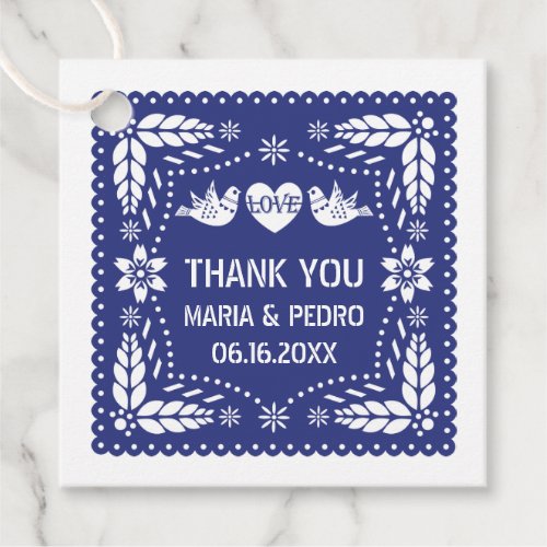 Dark blue papel picado love birds wedding fiesta favor tags