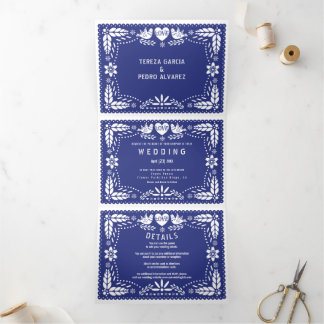 Dark blue papel picado love birds wedding Tri-Fold invitation