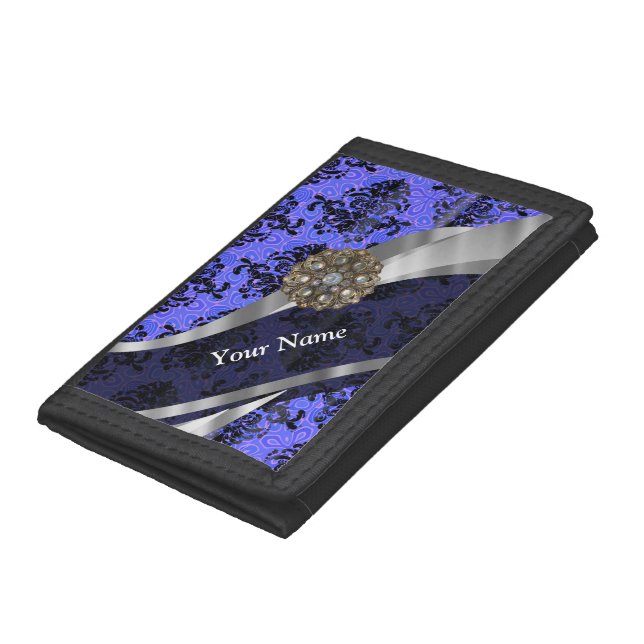 Dark blue  personalized girly damask pattern trifold wallet (Bottom)