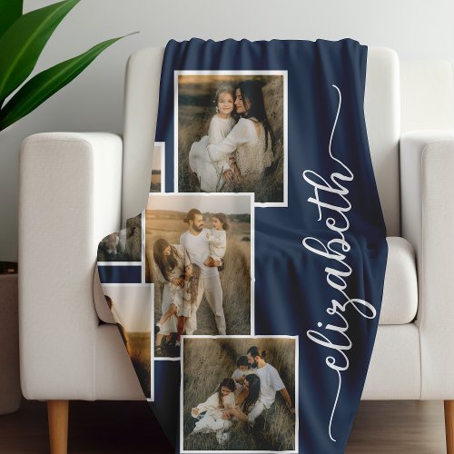 Dark Blue Personalized With Name 5 Photo Collage 