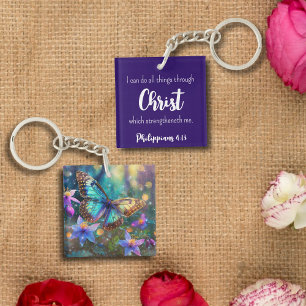 Dark Blue Philippians 4:13 Scripture Butterfly Keychain