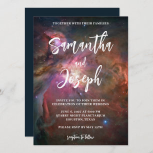 Dark Blue Pink Orion Nebula Planetarium Wedding Invitation