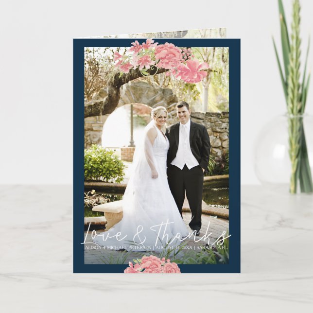 Dark blue pink peonies wedding photo thank you card (Front)