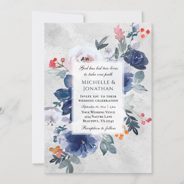 Dark Blue Pink Red Floral Christian Wedding Invitation (Front)
