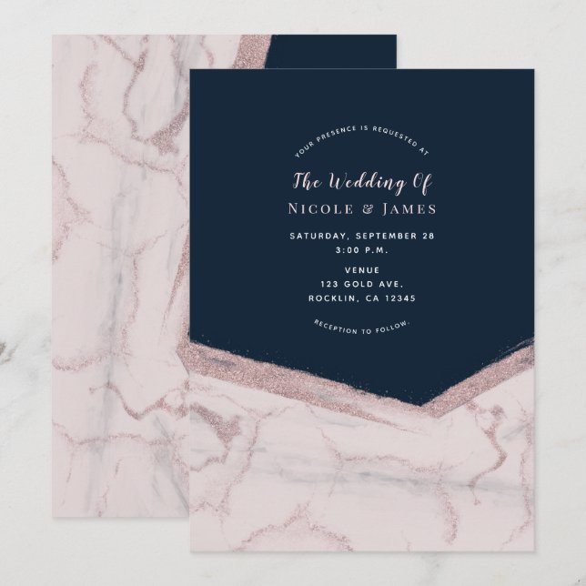 Dark Blue & Pink Rose Marble Chic Modern Wedding Invitation (Front/Back)