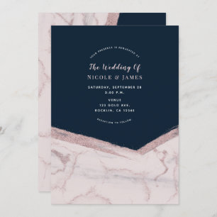 Dark Blue & Pink Rose Marble Chic Modern Wedding Invitation