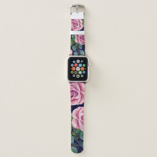 Dark Blue Pink Roses Watercolor Apple Watch Band