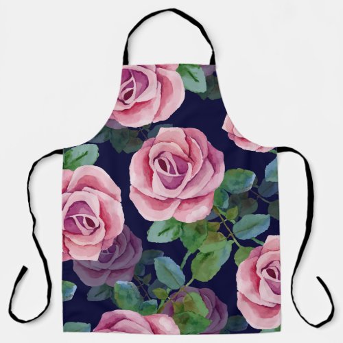 Dark Blue Pink Roses Watercolor Apron