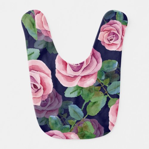 Dark Blue Pink Roses Watercolor Baby Bib