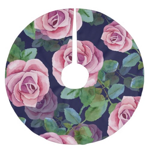 Dark Blue Pink Roses Watercolor Brushed Polyester Tree Skirt