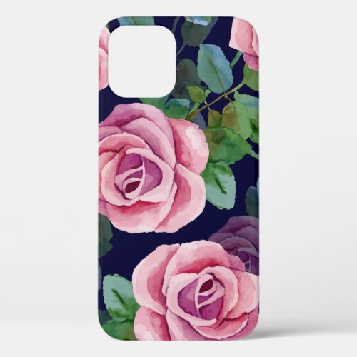 Dark Blue Pink Roses Watercolor iPhone 12 Case
