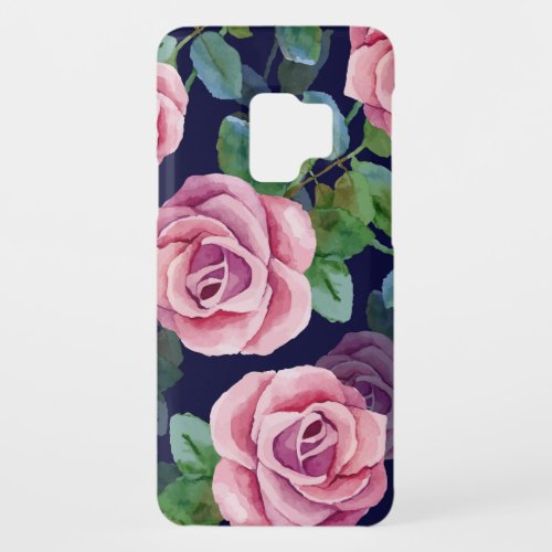 Dark Blue Pink Roses Watercolor Case_Mate Samsung Galaxy S9 Case