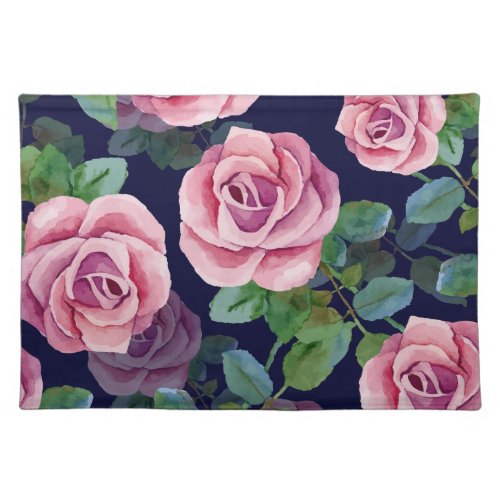 Dark Blue Pink Roses Watercolor Cloth Placemat