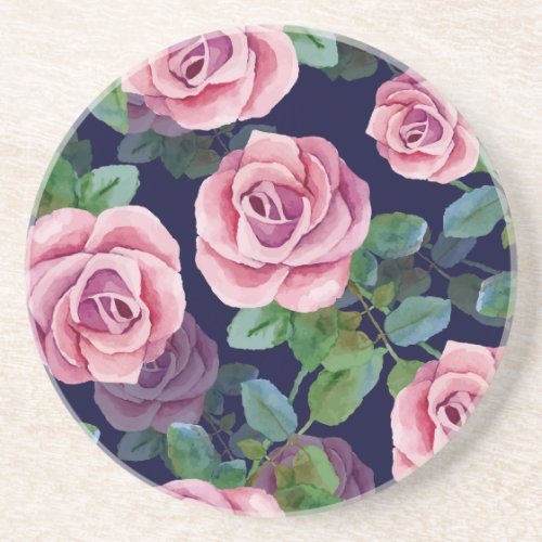 Dark Blue Pink Roses Watercolor Coaster