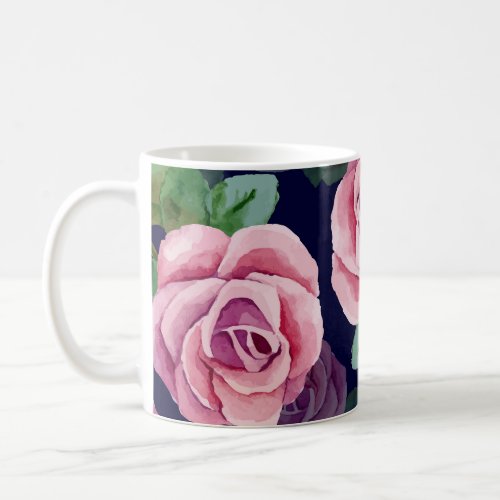Dark Blue Pink Roses Watercolor Coffee Mug