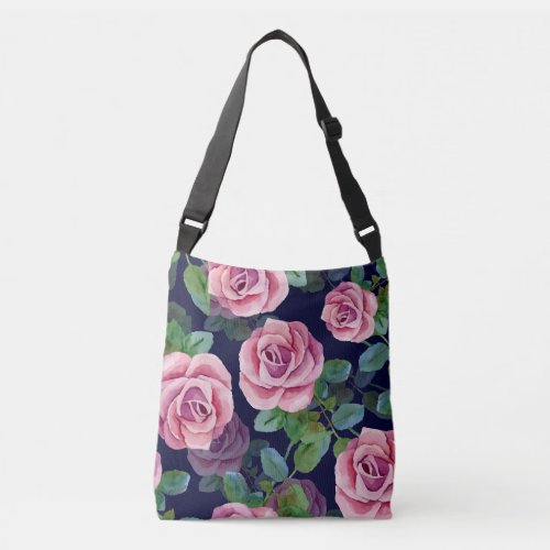 Dark Blue Pink Roses Watercolor Crossbody Bag