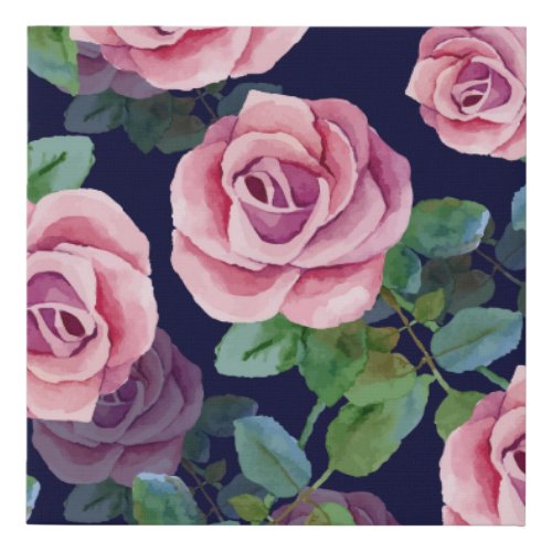 Dark Blue Pink Roses Watercolor Faux Canvas Print