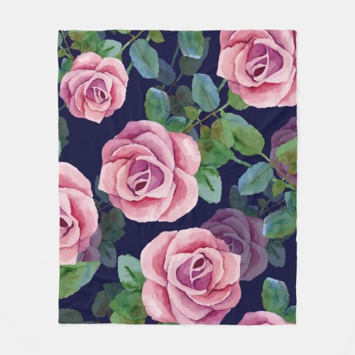 Dark Blue Pink Roses Watercolor Fleece Blanket