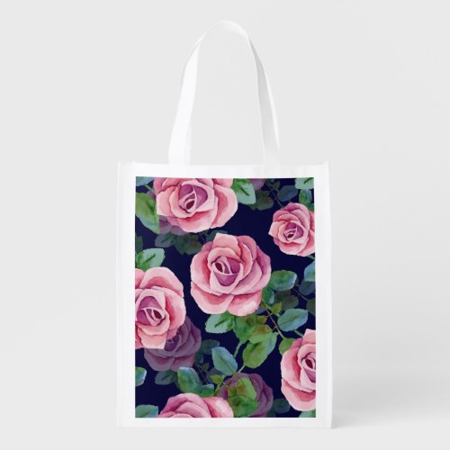 Dark Blue Pink Roses Watercolor Grocery Bag