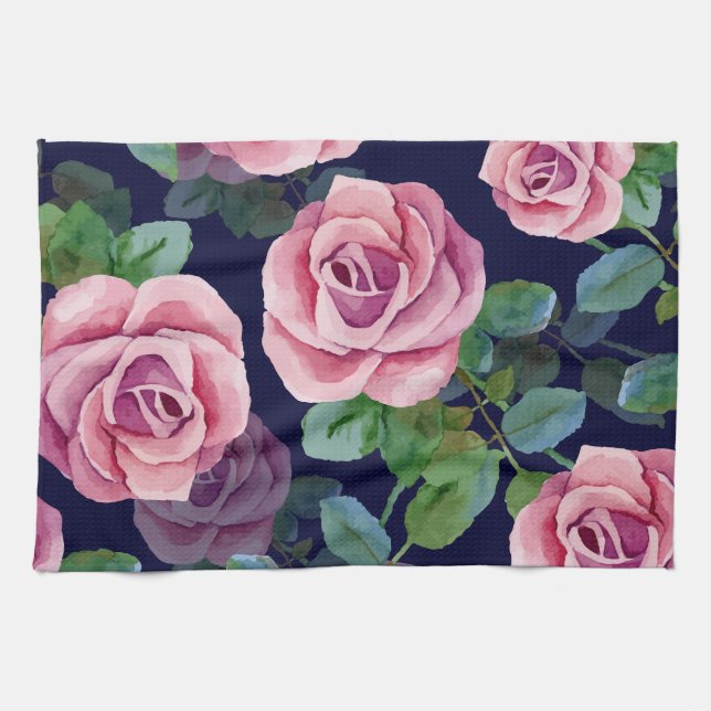 Dark Blue, Pink Roses Watercolor. Kitchen Towel (Horizontal)