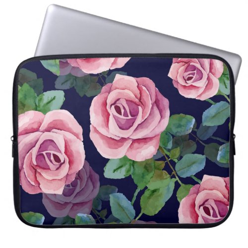 Dark Blue Pink Roses Watercolor Laptop Sleeve