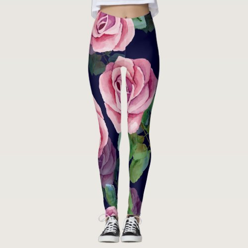 Dark Blue Pink Roses Watercolor Leggings