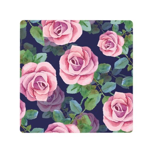Dark Blue Pink Roses Watercolor Metal Print