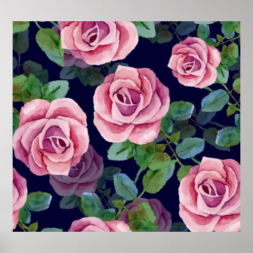 Dark Blue Pink Roses Watercolor Poster