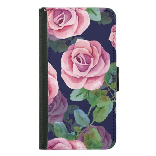 Dark Blue Pink Roses Watercolor Samsung Galaxy S5 Wallet Case