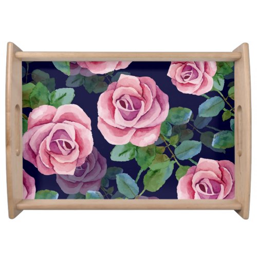 Dark Blue Pink Roses Watercolor Serving Tray