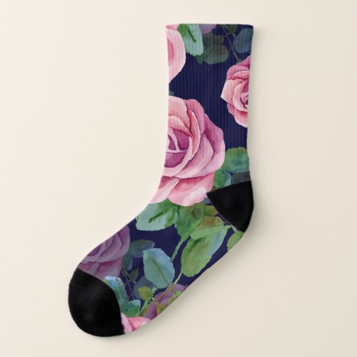 Dark Blue Pink Roses Watercolor Socks