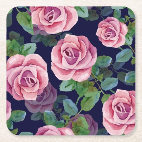 Dark Blue Pink Roses Watercolor Square Paper Coaster