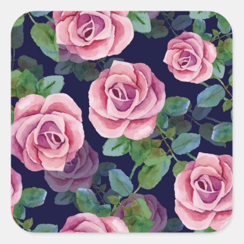 Dark Blue Pink Roses Watercolor Square Sticker