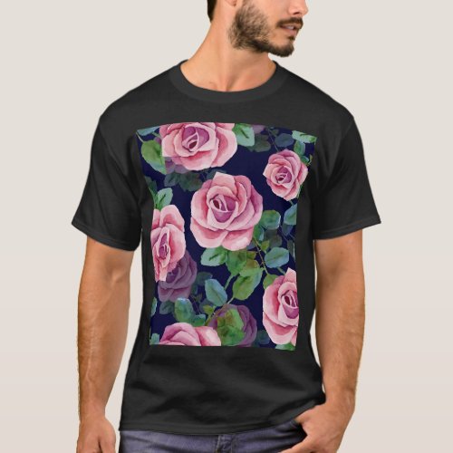 Dark Blue Pink Roses Watercolor T_Shirt
