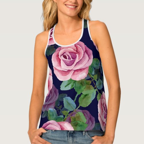 Dark Blue Pink Roses Watercolor Tank Top