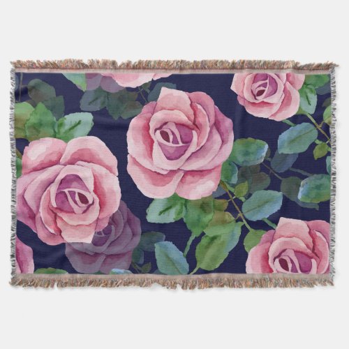 Dark Blue Pink Roses Watercolor Throw Blanket